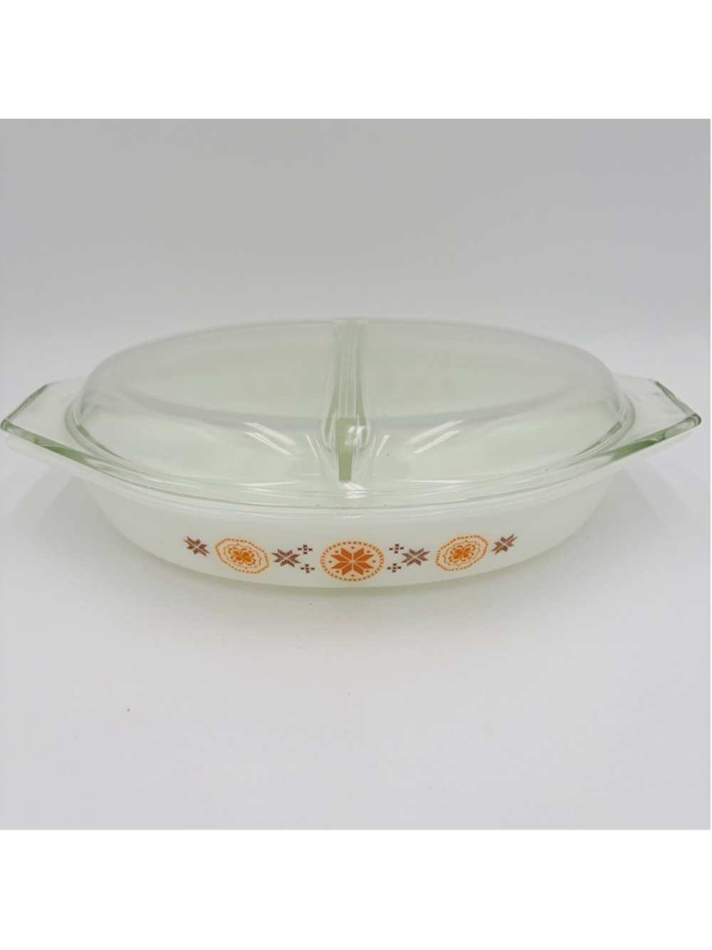 Vintage Pyrex Town & Country 1.5 Qt Divided Casserole Dish W/ Original Glass Lid